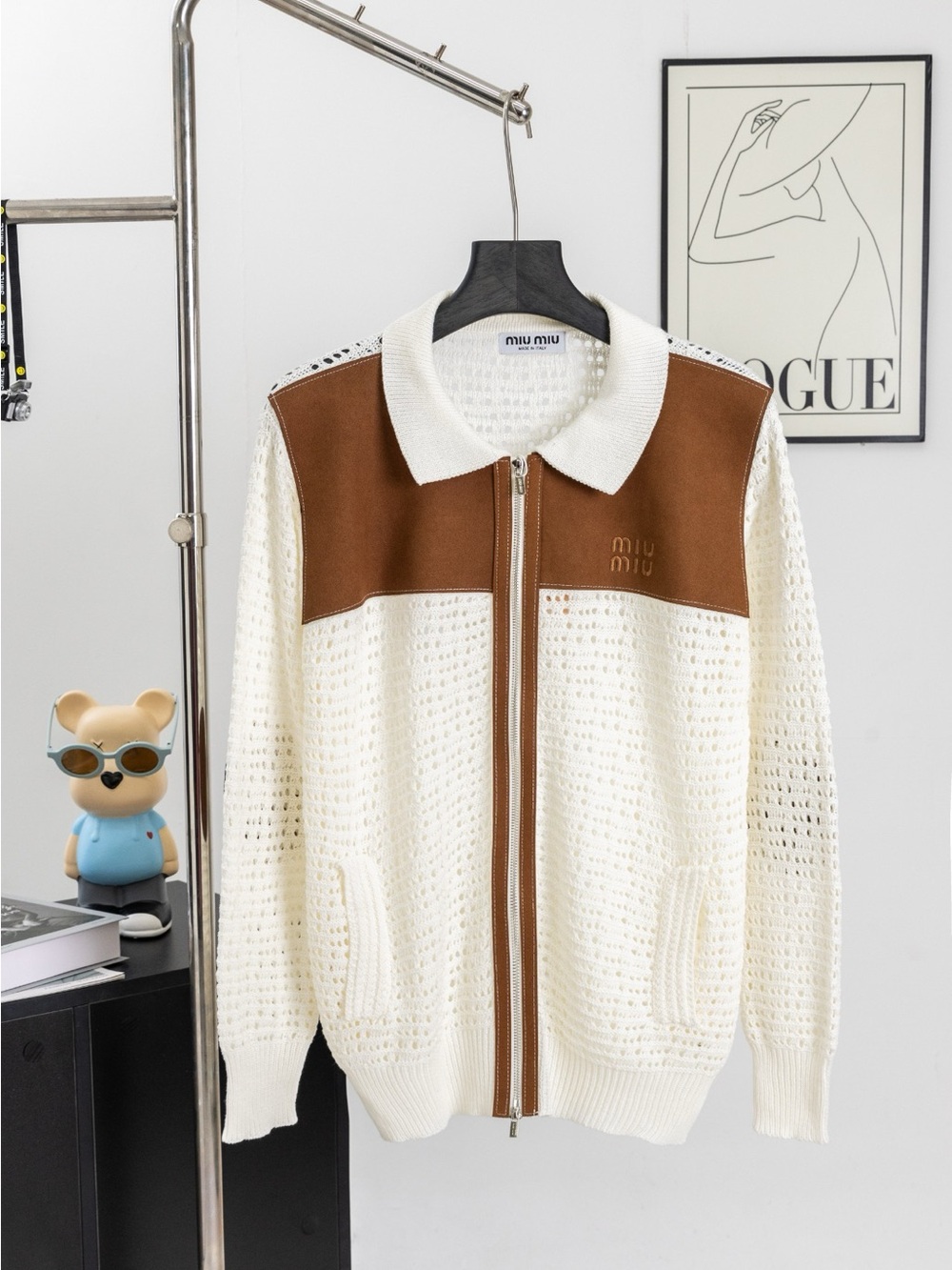 Miu Miu Cream and Brown Open-Knit Zip Cardigan